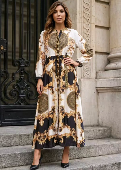 Baroque medallion print maxi dress in black and gold