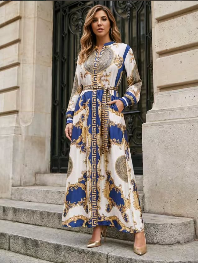 Baroque medallion print maxi dress in blue and gold