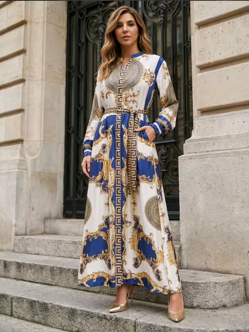 Baroque medallion print maxi dress in blue and gold