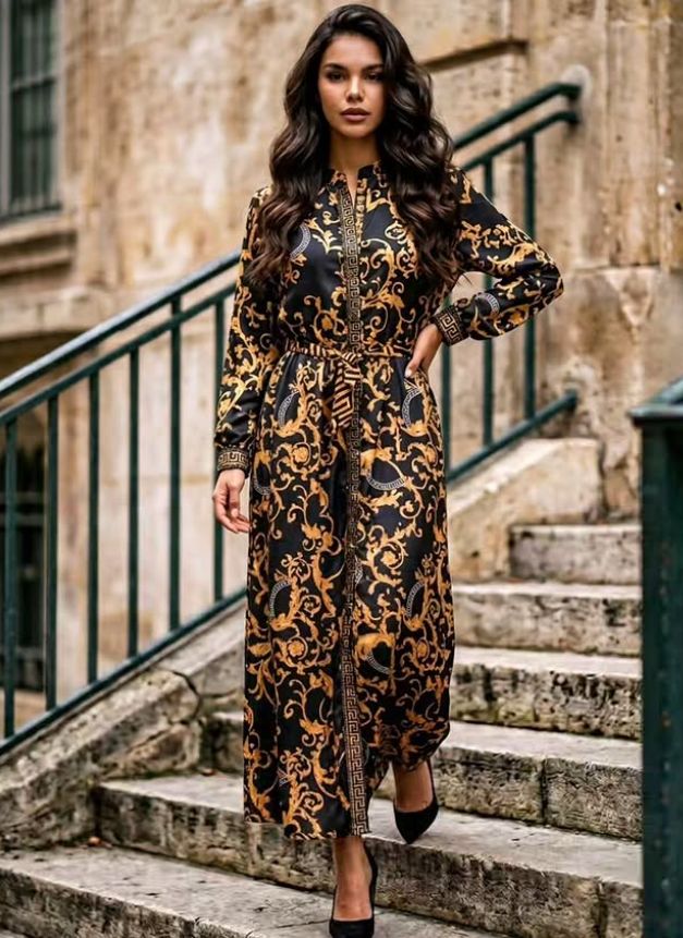 Black and gold baroque print maxi dress